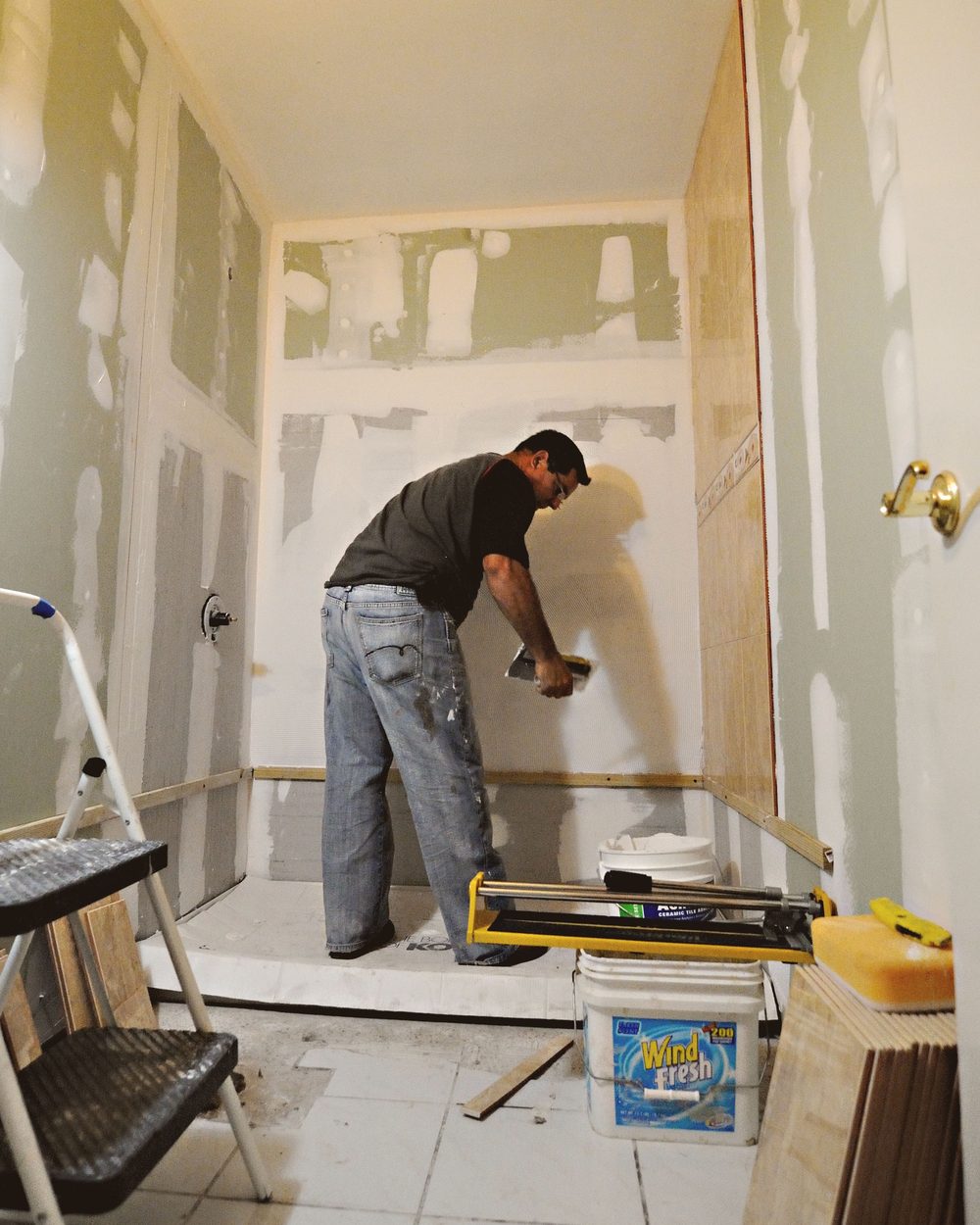 Bathroom remodel in progress, illustrative stock photo